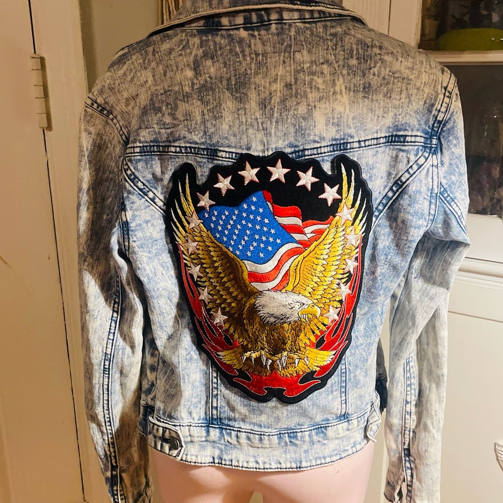 Handmade Acid Washed Denim Jean Jacket w/ Lg Eagle Patriotic Patch
